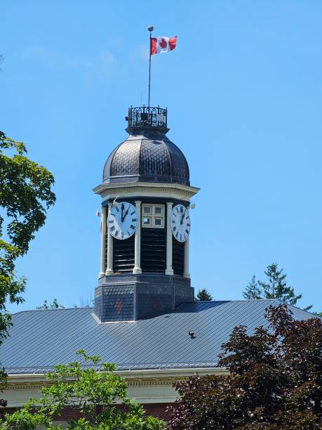 istock Port Hope City Hall Clock tower Canada flag Landscape 1591761371