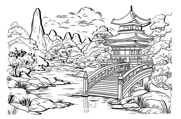 Vector illustration of Japanese Landscape Coloring page. coloring page of japanese garden.