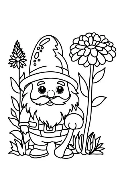 Vector illustration of Coloring page with gnomes, autumn coloring page.