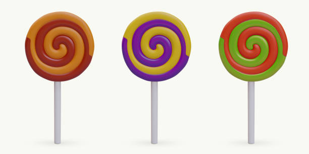 istock Set of realistic round spiral lollipops of different colors 1591785654