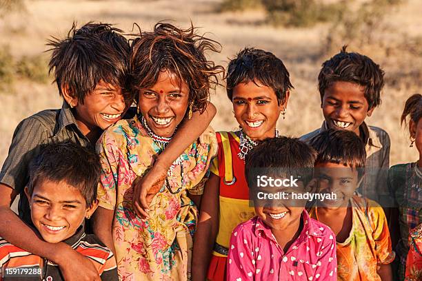 Group Of Happy Indian Children Desert Village India Stock Photo - Download Image Now