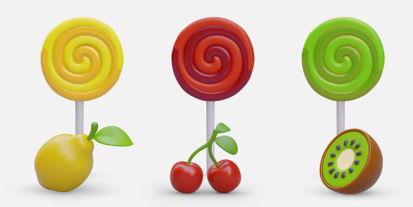 Set of 3d realistic lollipop with lemon, cherry and kiwi taste. Design for candy shop concept. Collection of tasty candies. Vector illustration in red, green and yellow colors