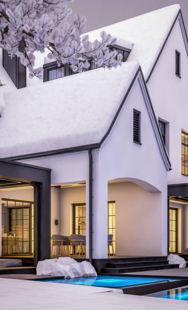 3d rendering of white and black modern tudor house in winter evening - house residential structure non urban scene tudor style imagens e fotografias de stock