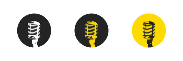 старый ретро-микрофон. иконка подкаста на круглой рамке. желто-черный символ микрофона. векторная изолированная иллюстрация - clip art audio stock illustrations