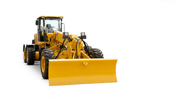 istock Yellow Modern Three-Axle Road Grader Isolated on a White Background. 1591803774