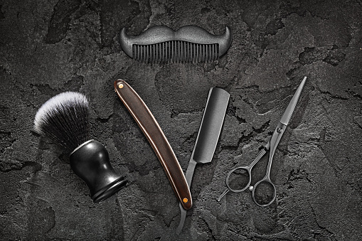 Black Barber Tools. Barber Shop. Shaving Brush Stright Razor Scissors Comb Symbol