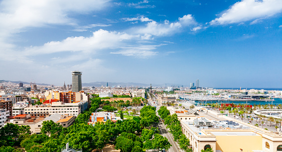 a panoramic view of the cityscape of Barcelona, Spain, from a high vantage point. The image captures the city’s skyline, with tall buildings and a harbor in the foreground. The harbor is filled with boats and yachts of various sizes and colors. The image also shows a glimpse of the Mediterranean Sea in the background, with a clear blue sky. The image features some of the famous landmarks of Barcelona, such as the Columbus Monument in the foreground, and Duana de Barcelona. The image showcases the beauty and diversity of Barcelona, a popular tourist destination in Europe.