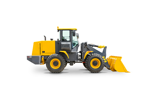 Wheel Loader Isolated on White Background. Yellow Front Loader. Loading Shovel. Manufacturing Equipment. Pneumatic Truck. Tractor Front End Loader. Heavy Equipment Machine. Side View Industrial Vehicle.