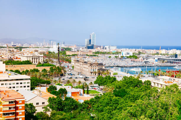 a panoramic view of the cityscape of Barcelona, Spain, from a high vantage point. The image captures the city’s skyline, with tall buildings and a harbor in the foreground. The harbor is filled with boats and yachts of various sizes and colors. The image also shows a glimpse of the Mediterranean Sea in the background, with a clear blue sky. The image features some of the famous landmarks of Barcelona, such as the Columbus Monument in the foreground, and Duana de Barcelona. The image showcases the beauty and diversity of Barcelona, a popular tourist destination in Europe.