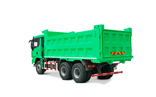 New Green Construction Dump Truck Isolated on a White Background. Industrial Vehicle Model