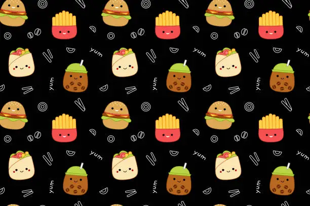 Vector illustration of Fast food on black seamless pattern. Squishmallow. Cute fast food. Kawaii, Vector