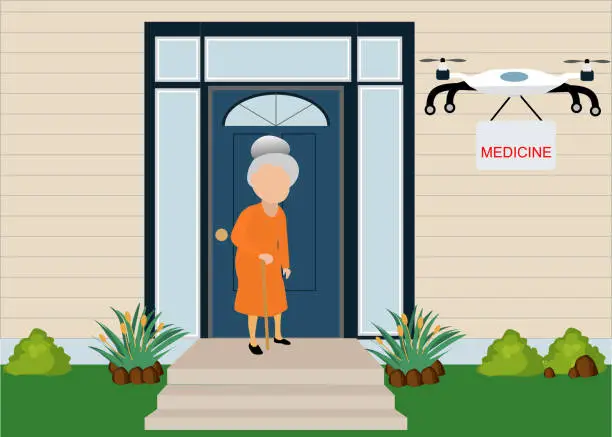 Vector illustration of medical drone carrying medicines for old woman