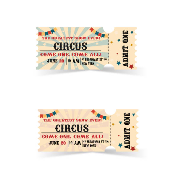 illustrazioni stock, clip art, cartoni animati e icone di tendenza di due biglietti per il circo d'epoca - ticket stub circus ticket counter label