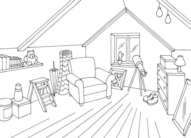 Vector illustration of Attic room graphic black white home interior sketch illustration vector
