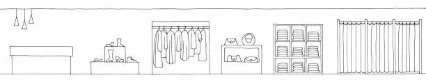 Vector illustration of Shop store interior graphic black white long sketch illustration vector