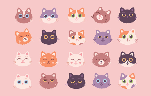 Collection of Cat faces. Cat characters with different emotions and facial expressions. Vector illustration