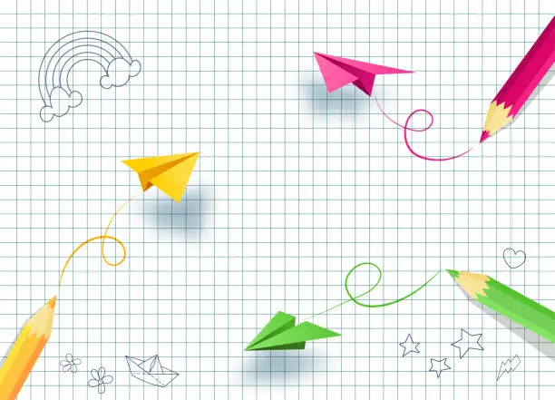 Vector illustration of School notebook background. Flying paper airplanes and colored pencils
