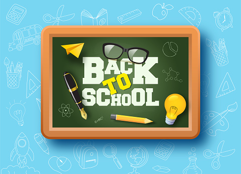 Back to school text on the chalkboard with light bulb, pen paper plane educational elements