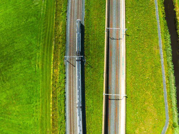 istock Railroad tracks with a train passing seen from above 1591887179
