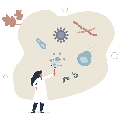 Bacteriology as biology branch with bacteria research.Scientific microbiology study with microorganisms growth and analysis.flat vector illustration