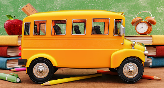 School bus with school accessories and empty mockup space. Back to school concept banner. 3D Rendering, 3D Illustration