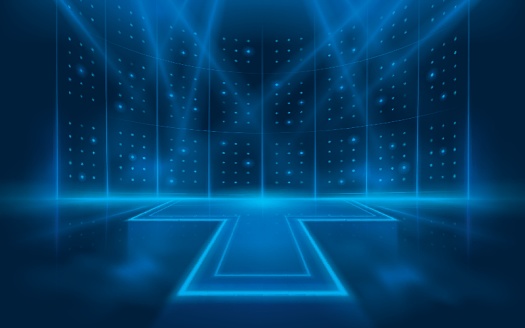 Abstract futuristic lights lines background. Elegant scene Lighting effect. Light Dots on stage glowing. Abstract dynamic lights lines show. Laser futuristic shapes and spotlights on blue background.