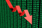 Red down arrow in front of a green screen of stock prices. Illustration of the crash of stock markets