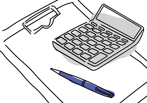 calculator, pen and clip board office work image illustration, vector