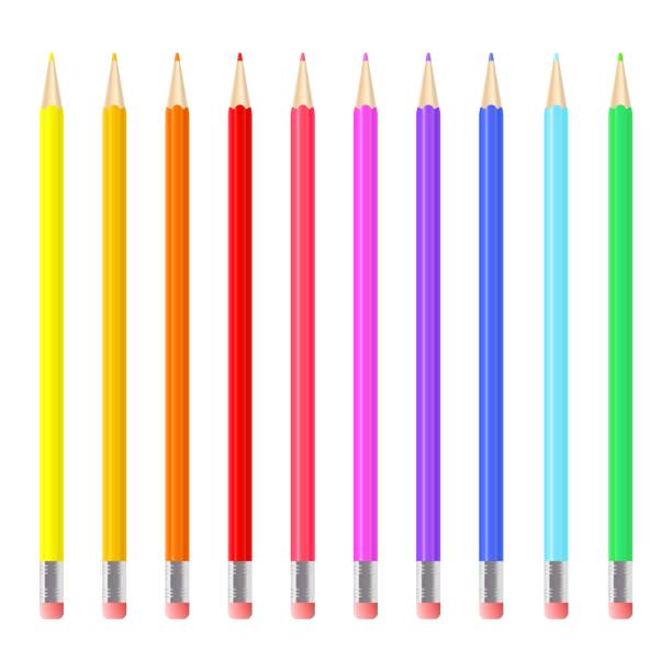 istock Colorful realistic pencils set. Rainbow colored crayons layed loosely in a line 1591946471