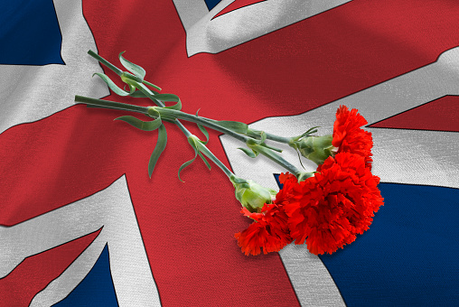 Image of three red carnations lying on the flag of England