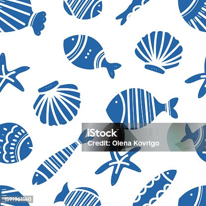 istock Seamless pattern of ornamental fish. Tiling fish pattern. Hand drawn marine illustrations of fish and sea elements. Summer sea beach style 1591961140