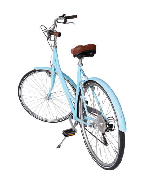 istock Blue retro bicycle with brown saddle and handles, generic bike back view 1591968525