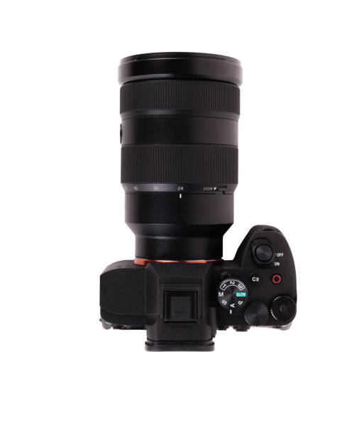 istock Front view of modern and brand new mirrorless camera isolated on a white background with soft shadow 1591976161