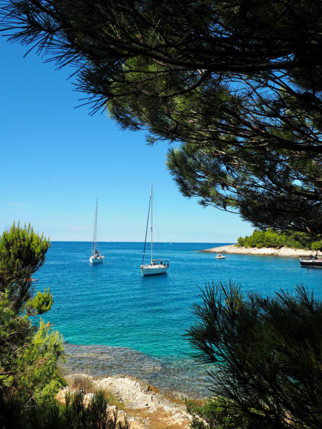 istock Blue sea with a boat in Croatia 1591983106