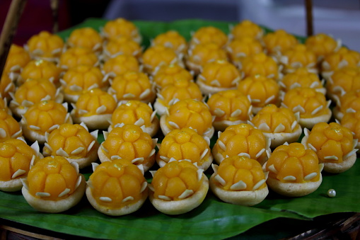 Dara Thong Thai ancient dessert on banana leaf.