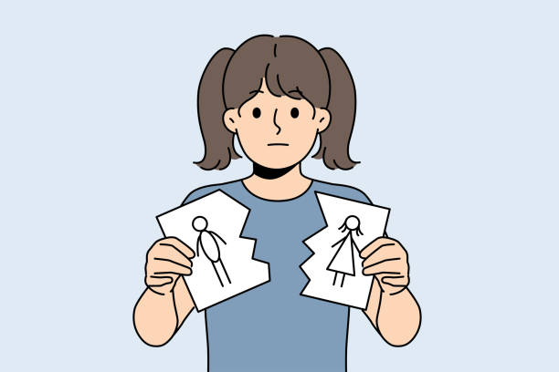 Sad little girl is nervous about parents divorce and is holding torn drawing of mom and dad Sad little girl is nervous about parents divorce and is holding torn drawing of mom and dad. Sad child suffers after learning about dissolution of marriage between mother and father my stepmom stock illustrations