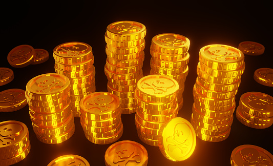 3d render illustration of stacks of golden coins with skull and bones.