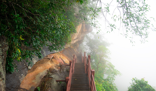 stairway fog and mountain view at Pha Mo I Daeng National Park , THAILAND