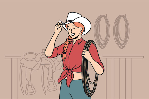 ilustrações de stock, clip art, desenhos animados e ícones de woman jockey stands in stable wearing cowboy hat and holding long rope waiting for horses to appear. - horse stall stable horse barn