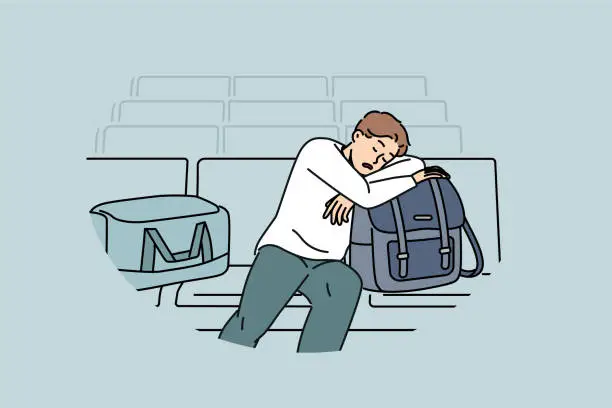 Vector illustration of Sleeping man sits in lounge area at airport and waits for arrival plane delayed due to bad weather