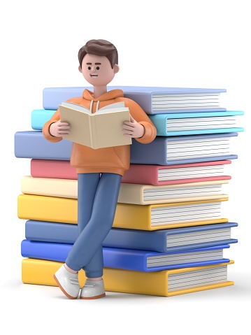 3D illustration of smiling Asian man Qadir leaning on a pile of books reading.3D rendering on white background.