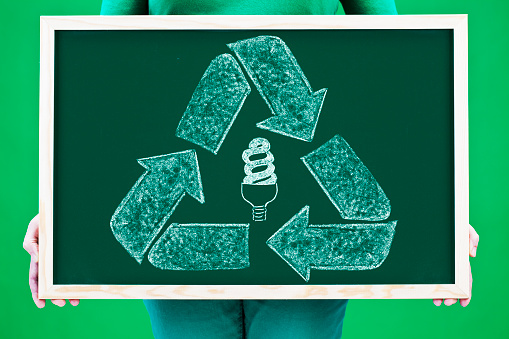 Recycling symbol and lightbulb on blackboard