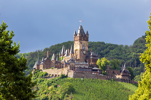 Cochem, Germany - August 1st 2023: Cochem with Imperial Castle. \n\nAbout Cochem:  Cochem is the seat of and the biggest town in the Cochem-Zell district in Rhineland-Palatinate, Germany. With just over 5,000 inhabitants, Cochem falls just behind Kusel, in the Kusel district, as Germany's second smallest district seat. Since 7 June 2009, it has belonged to the Verbandsgemeinde of Cochem.\nSource: Wikipedia