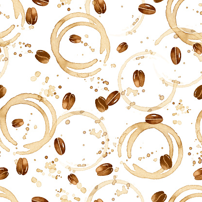 Watercolor seamless pattern with coffee beans, stains and splashes