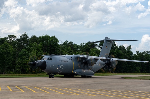 Dulles, United States – June 06, 2023: The military aircraft from Airbus A400 in Dulles ,Virginia, USA
