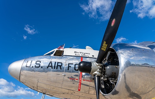 Dulles, United States – June 06, 2023: A close-up shot of a vintage military DC3 aircraft in a landing zone