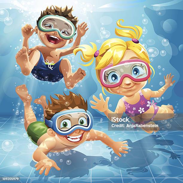 Ilustración de Little Kids De Salto Nadar Y Practicar Buceo En La Piscina y más Vectores Libres de Derechos de Niño