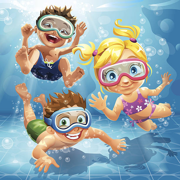 маленькие дети прыгать, плавание, дайвинг в бассейн - child swimming pool swimming little boys stock illustrations