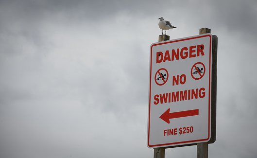 A sign forbids swimmers from entering beach waters.