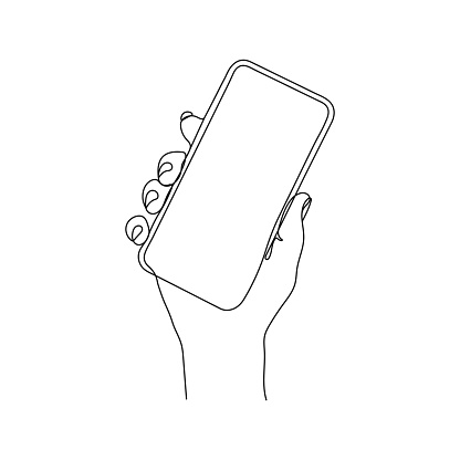 Hand holding mobilephone, smartphone. One line art. Person holding device. Hand drawn vector illustration.